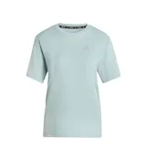 Remera deportiva Adidas de manga corta, color verde claro, con cuello redondo y logo de la marca estampado en el pecho. Presenta detalle de cinta con la inscripción 'RUNNING' en el interior del cuello.