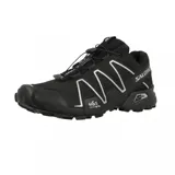 Championes de trail running Salomon Speedcross 3, color negro con detalles en gris. Presentan un diseño técnico con sistema de cordones de ajuste rápido, suela con tecnología Contagrip para mayor tracción y refuerzos laterales.