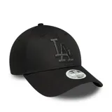 Gorra New Era 9FORTY de mujer color negro con logo de los LA Dodgers bordado en negro metalizado en el frente.