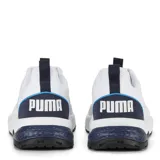 Championes Puma Anzarun 2.0 de diseño deportivo, color blanco con detalles en azul y negro. Presentan una parte superior de malla transpirable con refuerzos sintéticos, logo de la marca en el lateral y una suela con amortiguación reforzada en el talón.