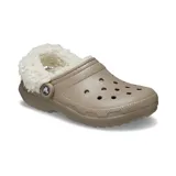 Zuecos Crocs Classic con forro interior de piel sintética tipo sherpa, color gris claro. Presentan el diseño icónico de la marca con perforaciones en la parte superior y correa pivotante en el talón para mayor sujeción.