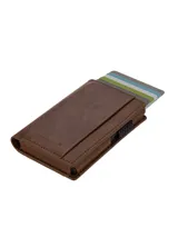 Billetera compacta de cuero sintético marrón con mecanismo de acceso rápido emergente para tarjetas y bloqueo RFID y NFC.