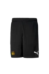 Short de entrenamiento Puma del Club Atlético Peñarol, modelo Team Rise. Color negro con cintura elástica, escudo del club en una pierna y logo de Puma en la otra.