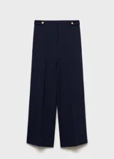 Pantalon de vestir azul marino con diseño recto y corte crop. Presenta tiro medio, cierre frontal con cremallera y botones decorativos en la cintura.