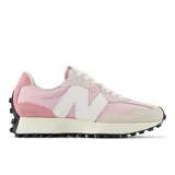 Championes New Balance 327 de dama, en tonos rosa y beige, con logo "N" blanco en el lateral y suela de goma negra.