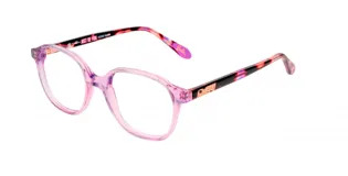 Armazón de acetato para lentes de receta, marca Barbie, modelo 013, color violeta con detalles estampados en las patillas.