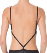 Soutien negro de microfibra con copas preformadas y tirantes ajustables que permiten múltiples configuraciones, incluyendo un diseño halter y espalda baja con tiras cruzadas ajustables.