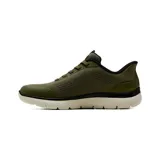 Championes deportivos Skechers modelo Summits Leyter, color verde oliva con detalles en negro y suela blanca. Presentan diseño Slip-ins para calce fácil, parte superior de tejido técnico con superposiciones hotmelt, cordones elásticos fijos y plantilla acolchada Air-Cooled Memory Foam.
