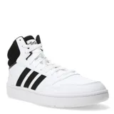 Championes de corte medio Adidas Hoops 3.0, de estilo urbano inspirado en el básquet. Presentan un diseño en color blanco con las icónicas tres tiras laterales en negro y cuello acolchado en contraste. Cuentan con cierre de cordones y suela de goma resistente.