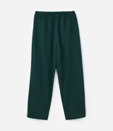 Pantalón recto verde oscuro con cintura elástica y vivos laterales blancos.