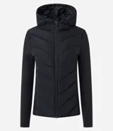 Campera acolchada Marfinno de color negro, con diseño matelassé en V en el frente y la espalda, mangas largas y laterales de tejido liso, capucha ajustable con cordón y cierre frontal de cremallera.