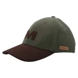 Gorra tipo jockey de Merrell con diseño bicolor, cuerpo en color verde oliva y visera curva en color marrón. Presenta una letra M bordada en el frente y una pequeña etiqueta de cuero con el logo de la marca en el lateral.
