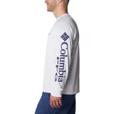 Remera de manga larga Columbia Terminal Tackle color blanco, con logo de la marca en el pecho y estampado "PFG" en la manga izquierda. Cuenta con mangas raglán y tecnología de protección solar y secado rápido.