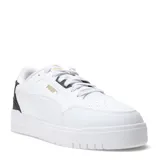 Championes Puma modelo Shuffle Downtown, de estilo urbano inspirado en el básquet. Presentan una capellada de cuero sintético en color blanco con detalles en negro en la parte trasera y logo Puma en dorado. Cuentan con suela de goma vulcanizada y plantilla SoftFoam+ para mayor amortiguación.