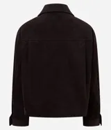 Campera Marfinno de pana marrón oscuro, con cuello clásico, cierre frontal de botones metálicos dorados, bolsillos frontales con solapa y manga larga con puños abotonados.