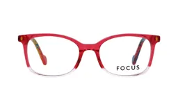 Anteojos de receta con armazón de acetato en color rojo translúcido con degradado hacia transparente en la parte inferior y patillas con diseño multicolor en el interior.