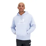 Canguro celeste de felpa francesa con capucha y cordones ajustables, bolsillo tipo canguro y logo de New Balance estampado en blanco en el pecho.