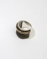 Anillo plateado de plata 925 con apliques de oro y zirconias negras.