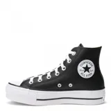 Championes Converse All Star Chuck Taylor Lift de caña alta, color negro, con plataforma blanca y cordones blancos.