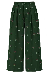 Pantalón verde oscuro de corte ancho, con pinzas en la cintura, cierre frontal con botón y bragueta, y bordado de pequeñas flores en todo el diseño.