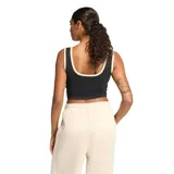 Musculosa deportiva Adidas color negro con detalles en beige en los bordes del cuello y sisas. Presenta el logo de la marca estampado en el centro del pecho y diseño de corte cropped.