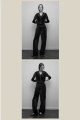 Pantalón de terciopelo negro, de corte amplio y relajado, con cintura elástica, botamanga recta y bolsillos laterales.