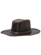 Sombrero de cuero marrón estilo australiano, con ojales metálicos laterales para ventilación y ala ancha.