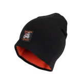 Gorro tipo beanie de tejido acrílico, color negro por fuera y naranja por dentro, con parche frontal de la marca Volcom Workwear.