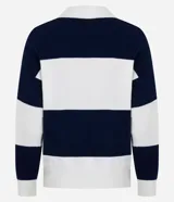 Suéter de punto con diseño de rayas horizontales anchas en color verde oscuro y blanco. Presenta cuello tipo polo con escote en V, mangas largas con puños ajustados y un corte regular.