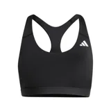 Top deportivo Adidas Essentials de color negro con diseño de espalda nadadora y el logo de la marca en blanco.