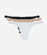 Kit de tres bombachas tipo colaless confeccionadas en microfibra con detalles de encaje en los bordes. El pack incluye una unidad en color negro, una en color beige y una en color blanco.