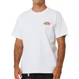 Remera blanca de manga corta con cuello redondo y un pequeño estampado frontal con motivos florales y la palabra "VIO" en tonos rojo y verde.