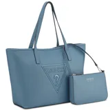 Cartera shopper de poliuretano color azul, con doble asa superior, diseño texturizado, gran compartimento principal y logo de la marca en relieve en la parte frontal. Incluye un pequeño bolso de mano tipo pouch con correa corta.