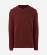 Suéter de punto para hombre, color celeste, con textura acanalada horizontal, cuello redondo y mangas largas con puños ajustados.