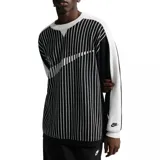 Buzo tejido de punto Nike, con diseño de rayas verticales en blanco y negro. Presenta el logo de la marca en gran tamaño integrado en el tejido frontal y cuello redondo.