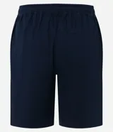 Bermuda masculina de sarga color azul marino, con cintura elástica, cordón ajustable y bolsillos traseros.