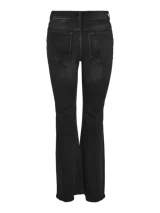 Jean flare de tiro alto confeccionado en denim de algodón con leve elasticidad. Presenta un corte acampanado, cierre delantero con botón y bolsillos clásicos.