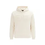 Buzo con capucha EA7 Emporio Armani, confeccionado en algodón orgánico. Presenta un diseño liso en color beige con el logo de la marca en relieve en el frente, bolsillo tipo canguro y cordones ajustables en la capucha.