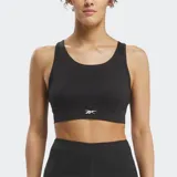 Sujetador deportivo Reebok negro de alto soporte, con escote alto, tirantes anchos y un recorte en forma de ojo de cerradura en la espalda. Presenta el logo de Reebok en la banda inferior.