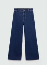 Jeans tiro alto de corte culotte, color azul oscuro, con bajo deshilachado y cierre de cremallera y botón.