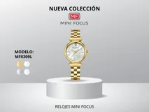 Reloj de pulsera Mini Focus modelo MF0309L para mujer, con caja y brazalete de metal dorado, esfera color nácar y movimiento de cuarzo japonés.