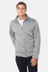 Campera gris jaspeado con cierre frontal, cuello alto y bolsillos laterales. Interior de polar.