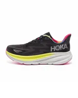 Championes Hoka Clifton 9 color negro con detalles en amarillo, rosa y celeste.