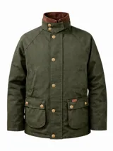 Campera tipo encerada verde militar con cuello alto marrón de pana, bolsillos frontales con solapa y cierre de botones metálicos dorados.