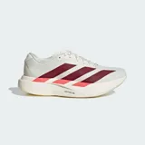 Championes de running Adidas Adizero Evo SL, color blanco con las icónicas tres tiras en color bordó y detalles en naranja neón en la mediasuela. Cuentan con tecnología LightstrikePro para una amortiguación superior y suela de caucho.