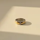 Anillo de banda ancha fabricado en plata y oro, con un diseño central que incorpora dos pequeñas circonias engastadas en una franja vertical.