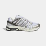Championes Adidas Adistar Control 5 de estilo urbano y running retro, color blanco con revestimientos metálicos en tonos plateados y detalles negros.