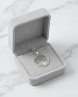 Collar de plata con dije redondo calado que representa el Árbol de la Vida, con cadena fina de eslabones.