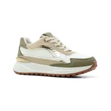 Zapatillas deportivas Korium Ailen, con suela track color marrón, detalles en dorado, verde y beige.