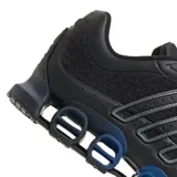 Championes de running Adidas Megaride, color negro con detalles en azul y plateado. Presentan un diseño técnico con malla transpirable y una suela distintiva con estructura de túneles para amortiguación.